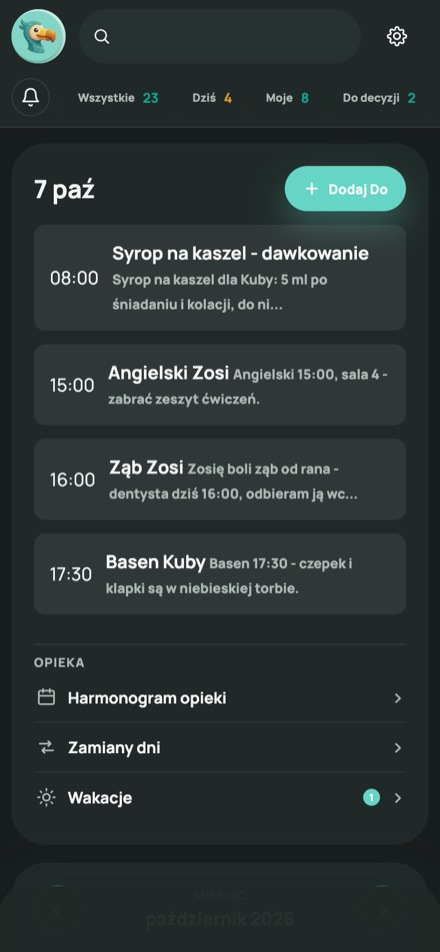 Kalendarz Do-Do z harmonogramem opieki (przykładowe dane)