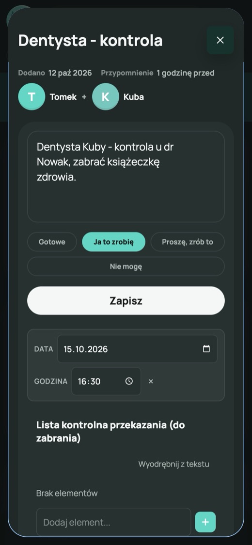 Otwarta karta Do-Do „Dentysta - kontrola”: Tomek kliknął «Ja to zrobię», czwartek 16:30, przypomnienie godzinę przed (przykładowe dane)
