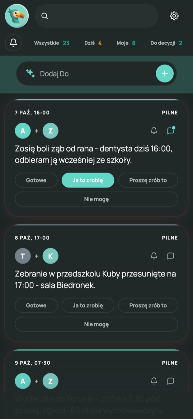 Tablica Do-Do na telefonie: sprawy dzieci na dziś i na ten tydzień (przykładowe dane)