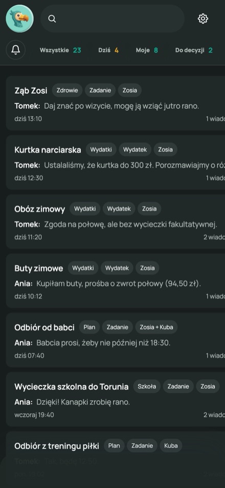 Wiadomości przy sprawach w Do-Do: ustalenia rodziców bez pośrednictwa dziecka (przykładowe dane)